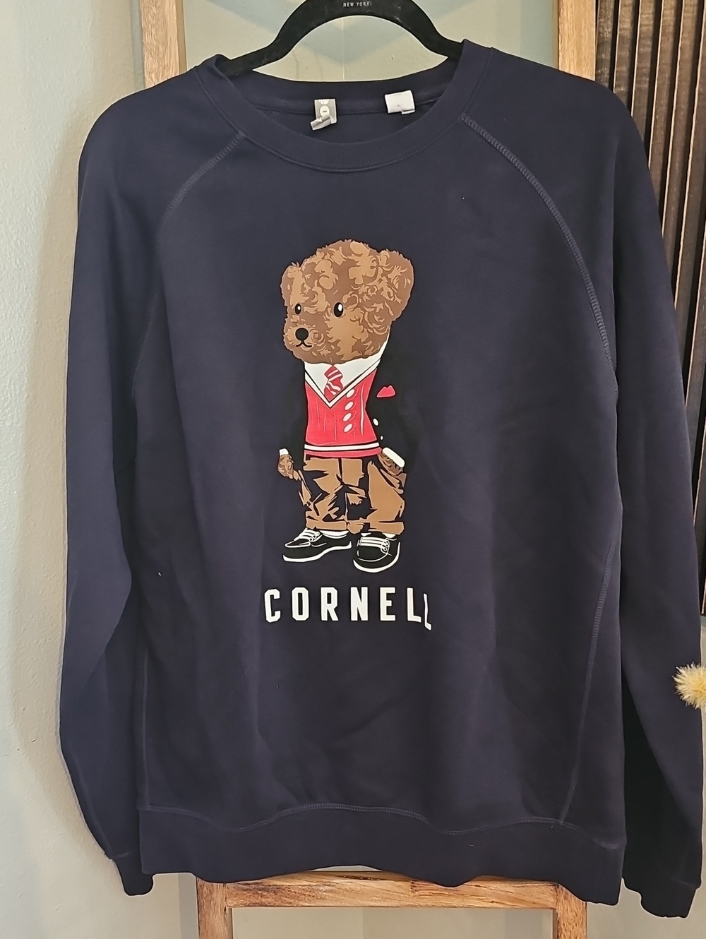 Oura Navy Crewneck Sweatshirt with Teddy Bear Graphic "CORNELL"